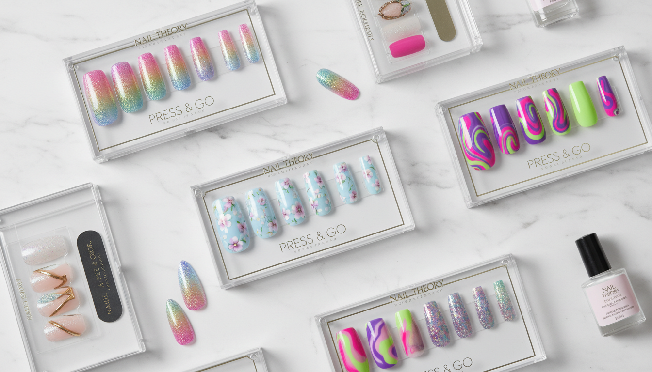 Assortment of colorful press-on nail sets arranged on a clean white surface