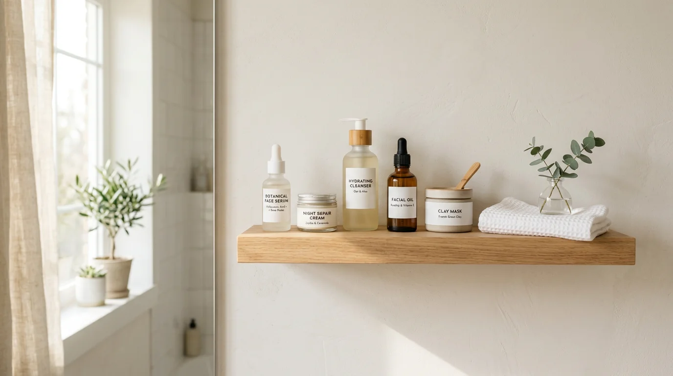Minimalist bathroom shelf with skincare products in soft morning light